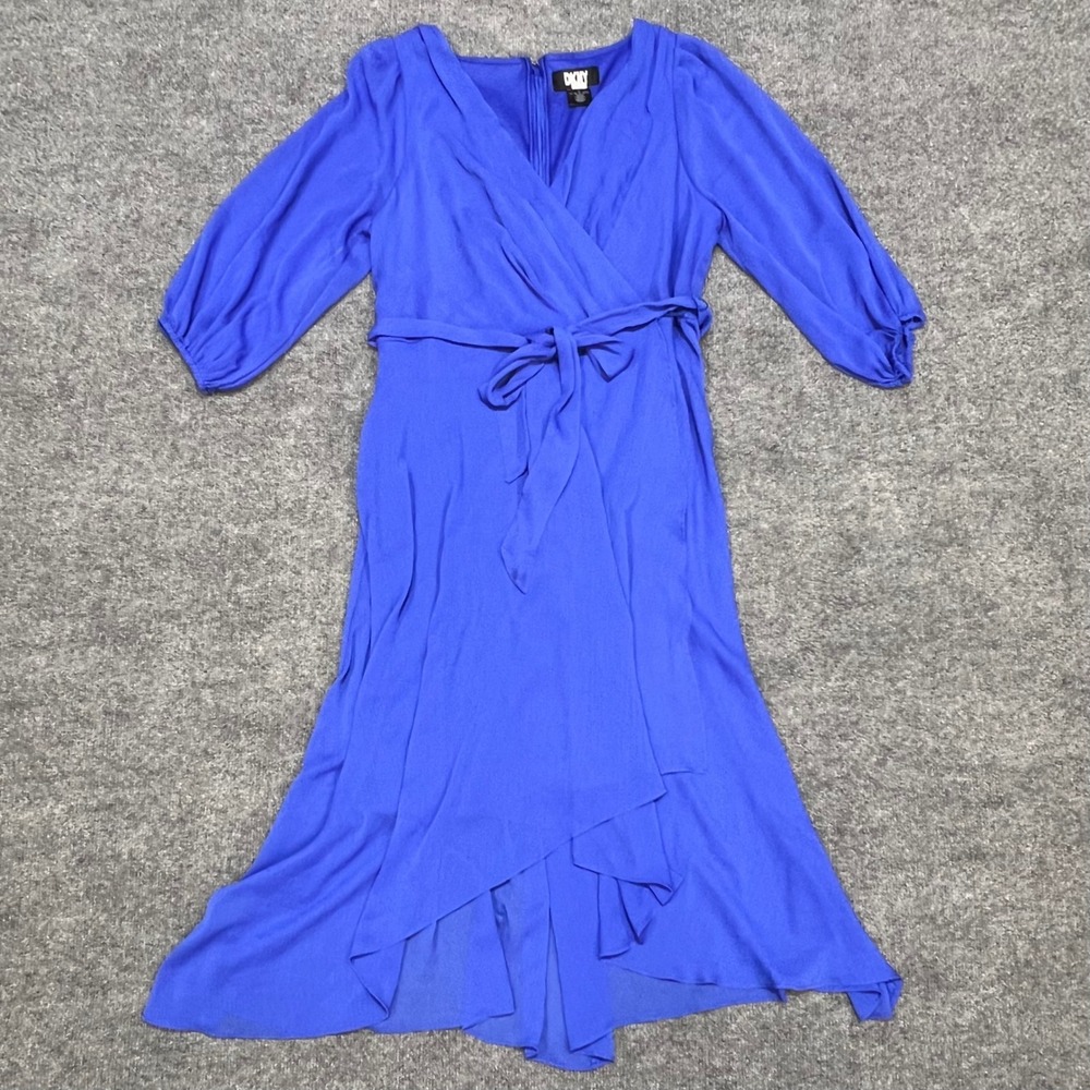 DKNY Faux Wrap Dress Womens 16 Royal Blue High Low Puff Sleeve Midi Ruffle Stain